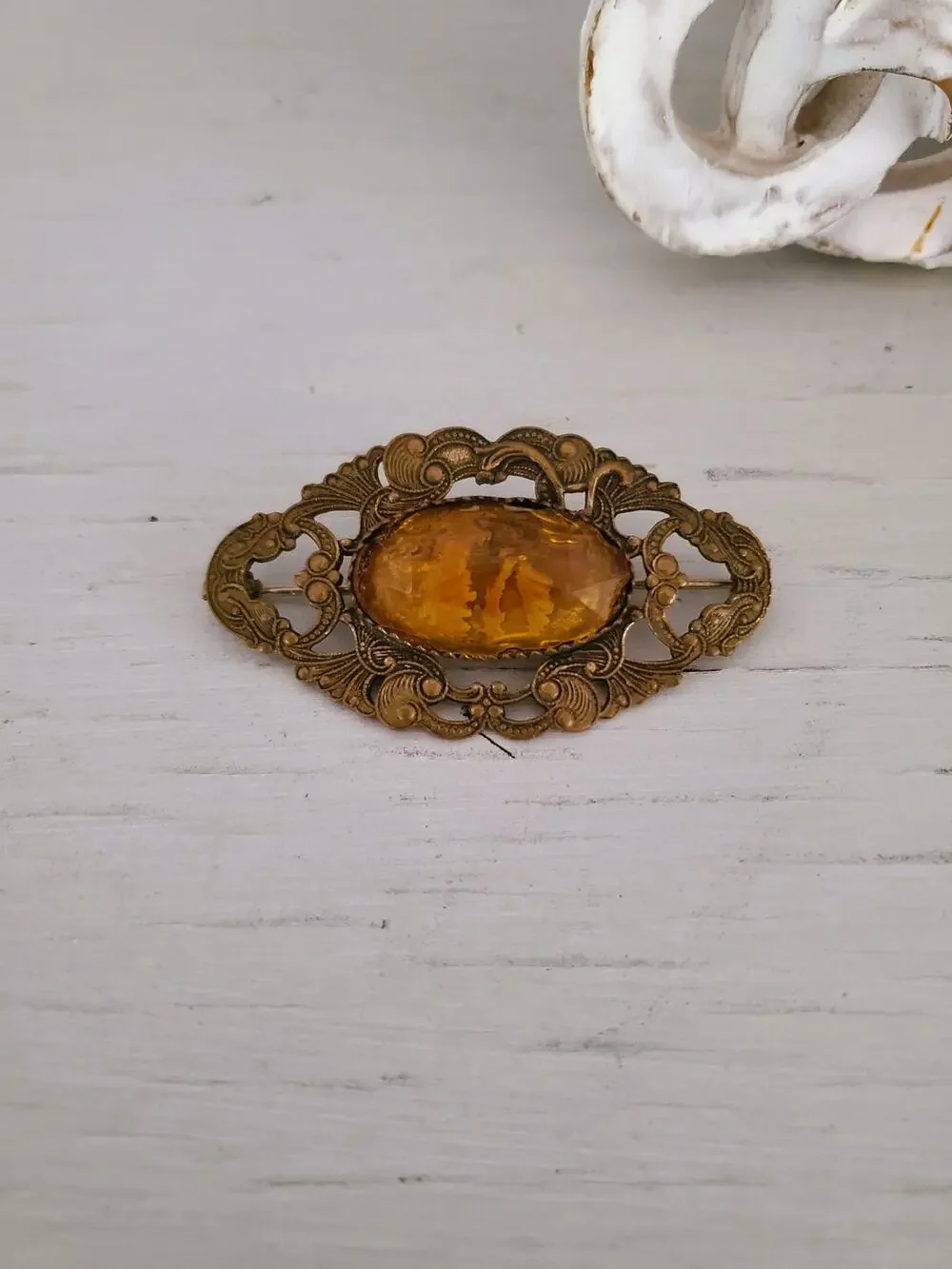 Vintage Art Deco Floral Filigree Amber Glass C Clasp Brooch